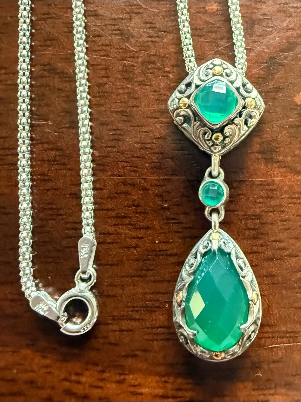 Sterling Silver 18k Gold Green Teardrop Pendant Necklace